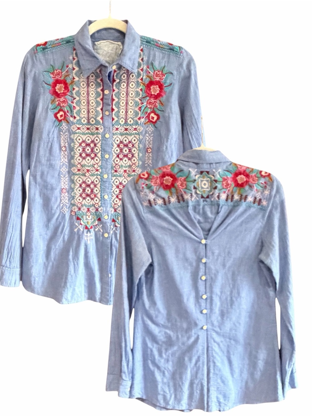 JOHNNY WAS Embroidered Button Down Chambray Shirt Back Buttons XS